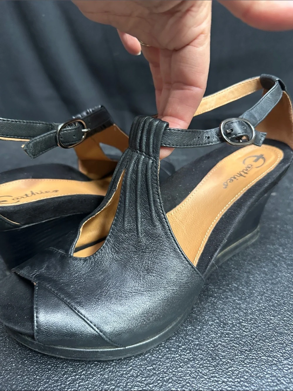 Earthies Black Leather Peep-Toe Slingback Wedges “Seria” 9B
